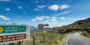 Roadside directional signs point toward Killarney and the Ring of Kerry next to a winding asphalt road under a bright blue sky.