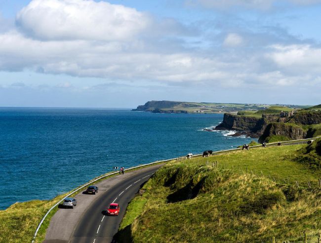 Several cars drive along a winding coastal highway flanked by a steep, grassy hill and a vibrant blue ocean with distant cliffs.