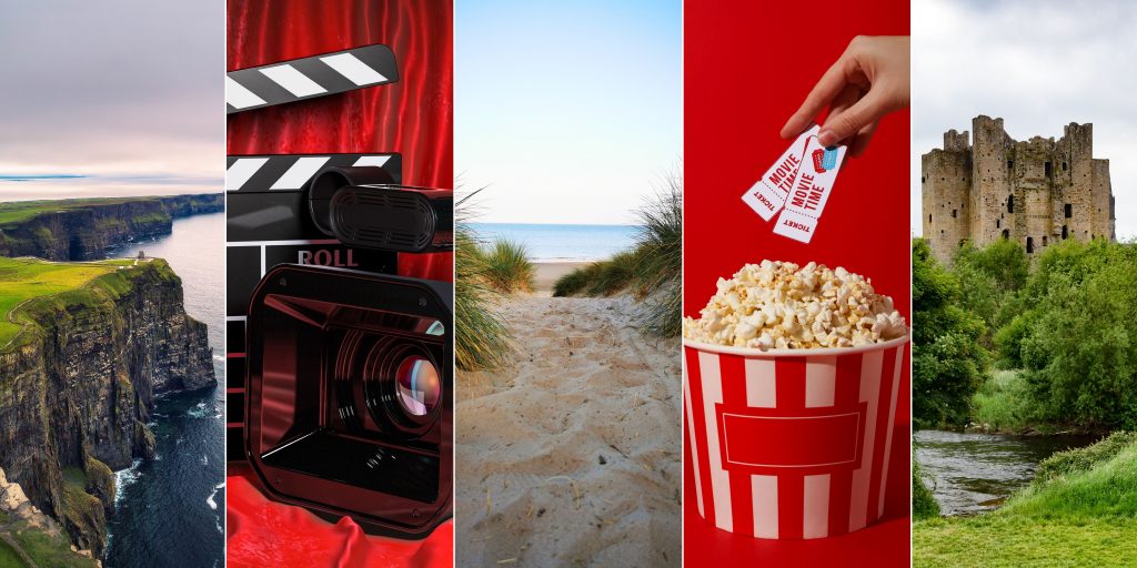 A collage of movie paraphernalia and iconic film locations Ireland.