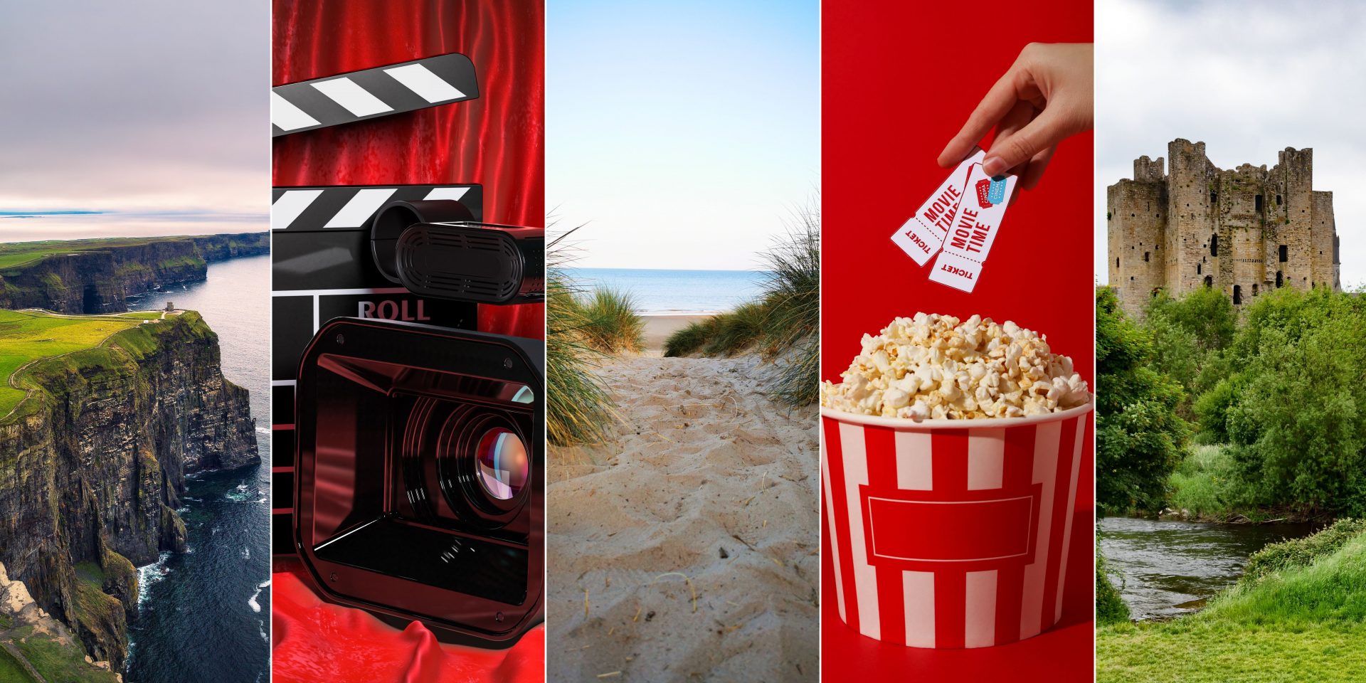 A collage of movie paraphernalia and iconic film locations Ireland.