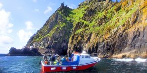 Birdwatching boat on the coast of the island