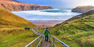 Man walking down steps