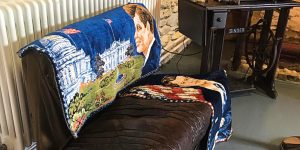 Bench with memorabilia draped over it