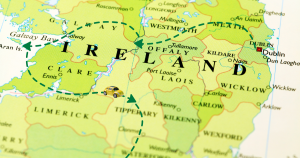 Map of Ireland with dotted route and car on route