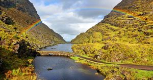 River, Mountains, Bridge and Rainbow