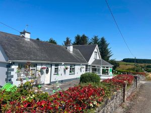 A white cottage with a dark slate roof decorated with small green and white bunting banners along a stone wall filled with bright red and green shrubbery under a clear blue sky.