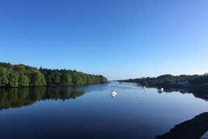 Scenic river with calm blue water reflecting the sky, framed by green trees on the banks, and a few small fishing boats floating peacefully.