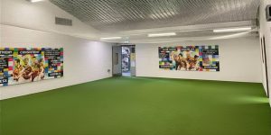 The player tunnel at Croke Park stadium, flanked by sponsor signs and leading out toward rows of blue spectator seats.